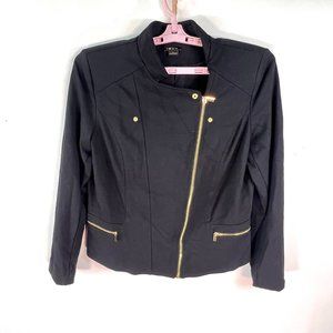 Iman Zip Blazer Womens Size Large Black Gold Trim Pockets Asymmetrical Zipper